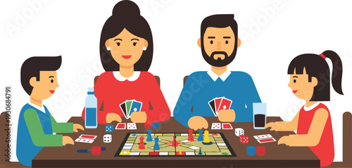 Family playing board game and cards together having fun at home
