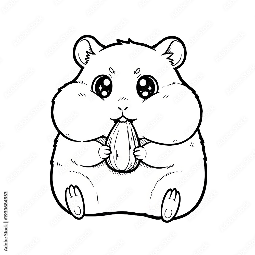 Obraz premium Hand drawn ink sketch of Kawaii Anime Hamster eating isolated on white. Chibi rodent stamp.