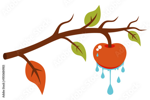 A vector graphic illustration of a melting apple on a tree branch with leaves
