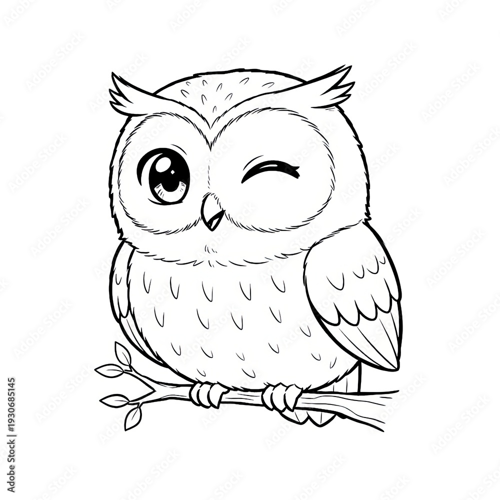Fototapeta premium Hand drawn ink sketch of Kawaii Anime Owl isolated on white. Chibi bird forest stamp.