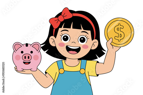A cheerful cartoon girl holding a piggy bank and a dollar coin, symbolizing saving and finance