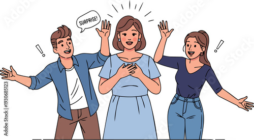 Friends surprise a woman with a happy reaction conveying joy and excitement