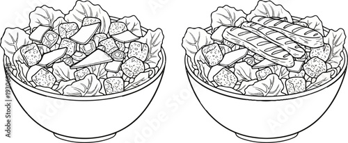 Two bowls of salad, one with grilled meat, served on white backgrounds