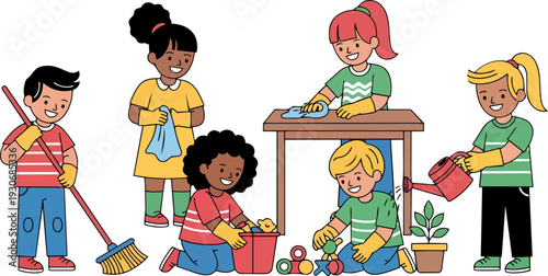 Diverse children cleaning and tidying up together