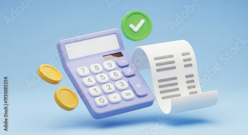 Calculator with checkmark and floating coins next to a scrolling receipt on a light blue background, 3d rendering concept