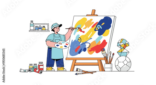 An artist in a cap and casual clothing painting a vibrant abstract artwork on an easel with various art supplies scattered around on a simple white background on a sunny day.