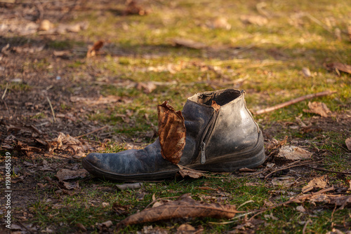 Abandoned Leather Boot Left on Grassy Ground