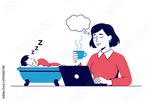 A woman working on her laptop while a man sleeps in a bathtub beside her, symbolizing multitasking and work-life balance.
