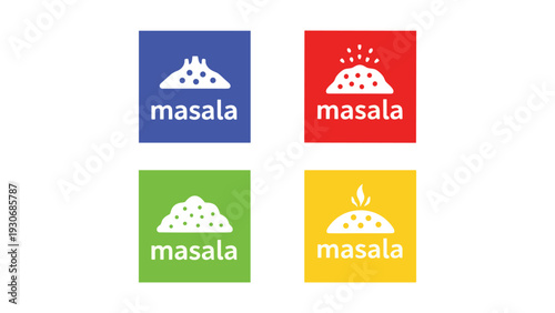 Colorful masala brand logo variations on square backgrounds