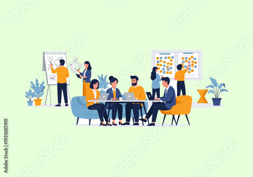 Vector Ilustration Flat Design Diverse team collaborating in modern office brainstorming session.  