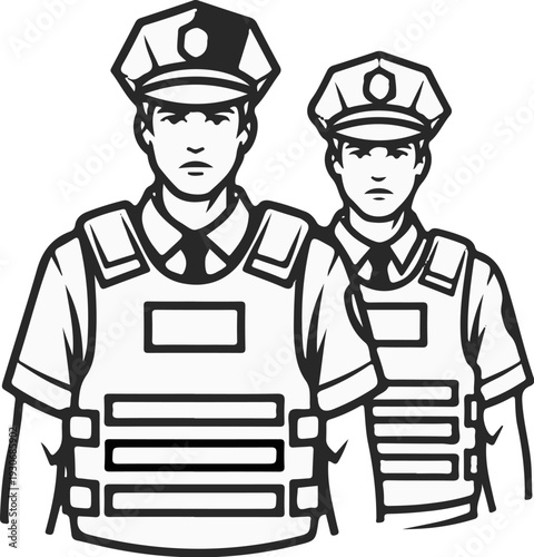 Two uniformed officers wearing protective vests stand shoulder to shoulder