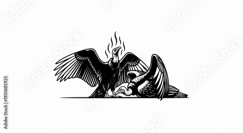 Two vultures with wings spread, one standing, one fallen