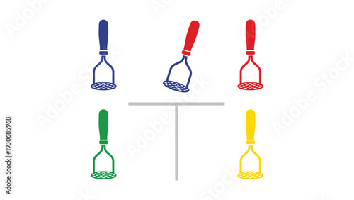 Colorful toy brooms arranged on a horizontal bar with different colored handles