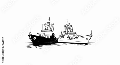 Two warships face each other on the water, one dark, one light