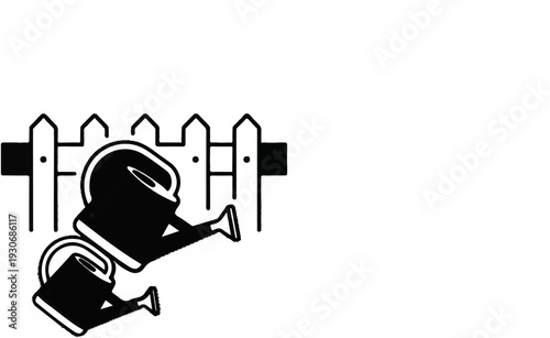 Two watering cans tilt over a white picket fence, ready for garden use