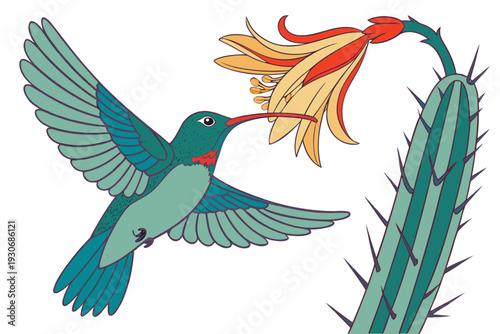 A vibrant hummingbird sips nectar from a colorful flower on a cactus plant in a desert landscape