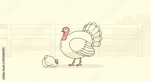 Two white turkeys, one large and one small, stand near a wooden fence