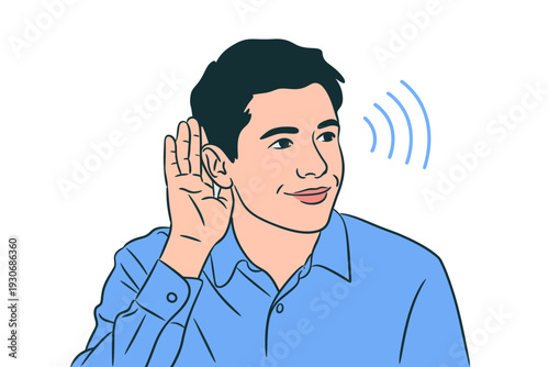 A man in a blue shirt is listening carefully with his hand to his ear, as if hearing a distant sound or voice.