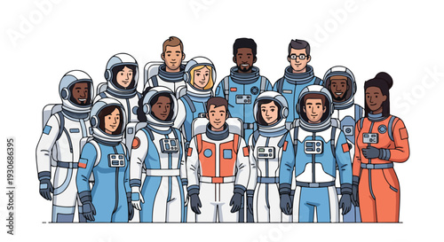 Diverse group of astronauts in various colored spacesuits standing together on a clean white background with a sense of unity and exploration.