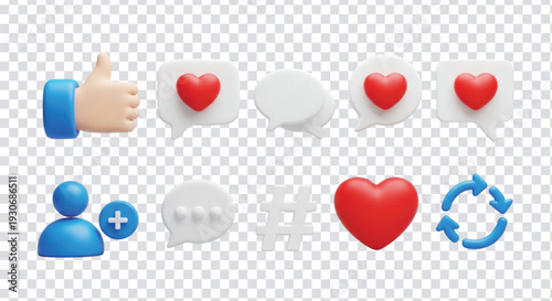 Collection of social media icons including thumbs up, hearts, chat bubbles, user profile, hashtags, and refresh symbol against transparent background, representing engagement