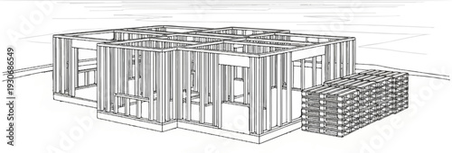 Wireframe rendering of a house framing structure with stacked pallets