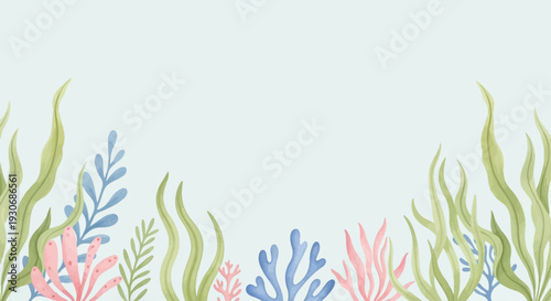 Watercolor underwater scene with diverse sea flora in soft pastel colors
