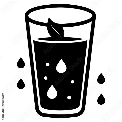 Black glass with leaf and water drops on white background