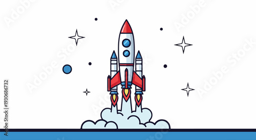 Colorful illustration of a rocket launching into space with stars and planets, depicted in a flat, cartoon style with a blue and white background.