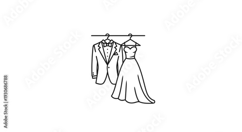 Simple line drawing of wedding dress and tuxedo hanging on a hanger.