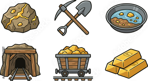 Gold mining process illustrated with rock, pickaxes, nuggets, mine, and bars