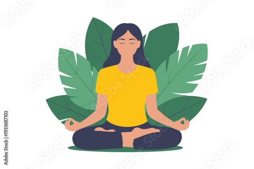 A serene woman meditating in a peaceful environment surrounded by lush green leaves