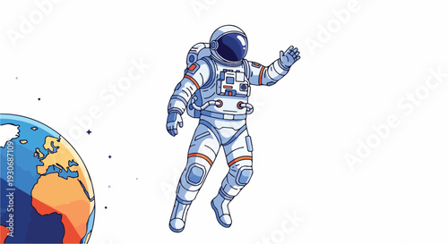 Illustration of an astronaut floating in space next to a globe with a white background and orange blue and white color tones.