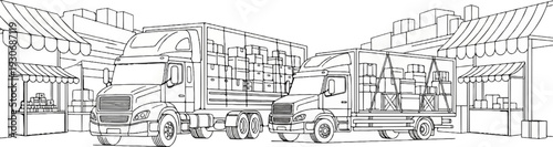 Trucks loaded with boxes stand near market stalls under awnings