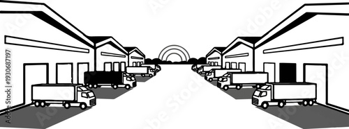 Trucks parked outside warehouses with a rainbow in the distance