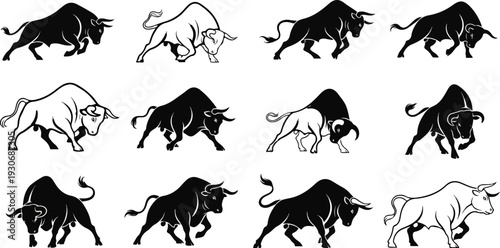 Twelve stylized bull illustrations in black and white, varying poses