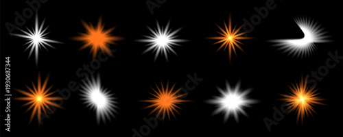 Collection of bright white starbursts and lens flares on a transparent background varying in shape