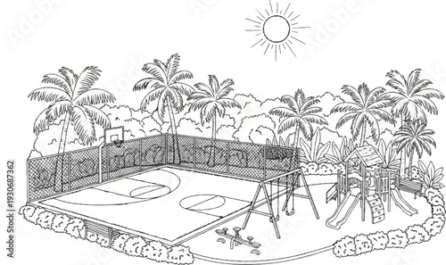 Tropical playground with basketball court, swings, slides, and a seesaw under sun