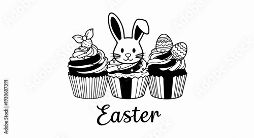 Three stylized cupcakes, one with a bunny face, adorned with festive designs and eggs