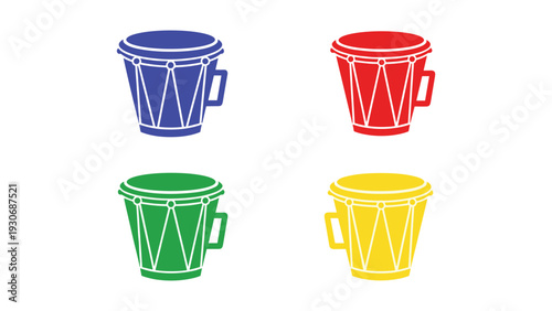 Four colorful trash bins with handles and lids displayed in a grid layout