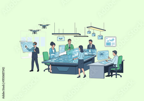 Vector Ilustration Flat Design Diverse team collaborating in a futuristic control room with advanced technology.