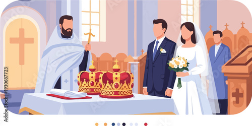 Wedding ceremony in a church with a couple, officiant, and crowns