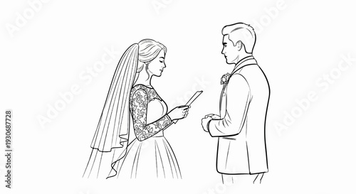 Wedding ceremony line drawing of bride reading vows to groom