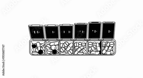 Weekly pill organizer with compartments for each day, filled with various pills