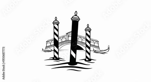 Three striped poles in water with a bridge and gondola in background