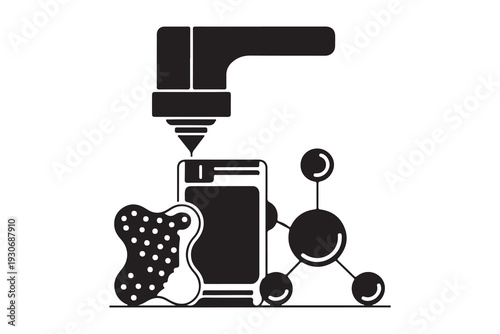 3D printing and nanotechnology illustration with molecular structure