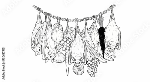 Whimsical bats and fruits hanging from a chain