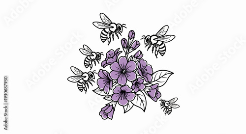 Whimsical bees gather around a cluster of delicate purple blossoms with leaves
