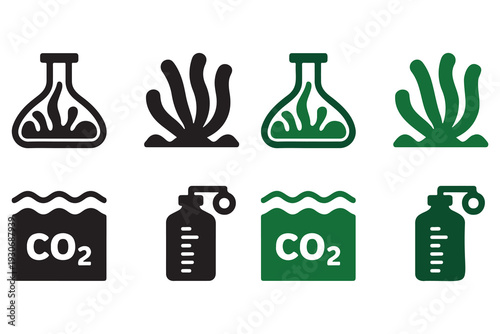 Algae carbon capture and biotechnology icon set