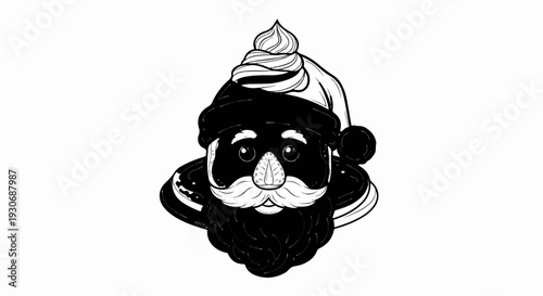 Whimsical black and white illustration of a stylized Santa face