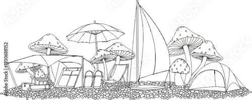 Whimsical campsite with mushroom caps, tents, chairs, and a sailboat